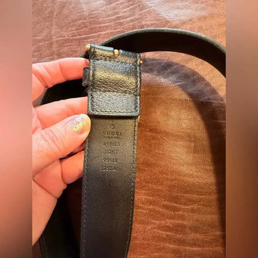 Men's Gucci Bees & Stars Black Leather Belt with Brass Buckle